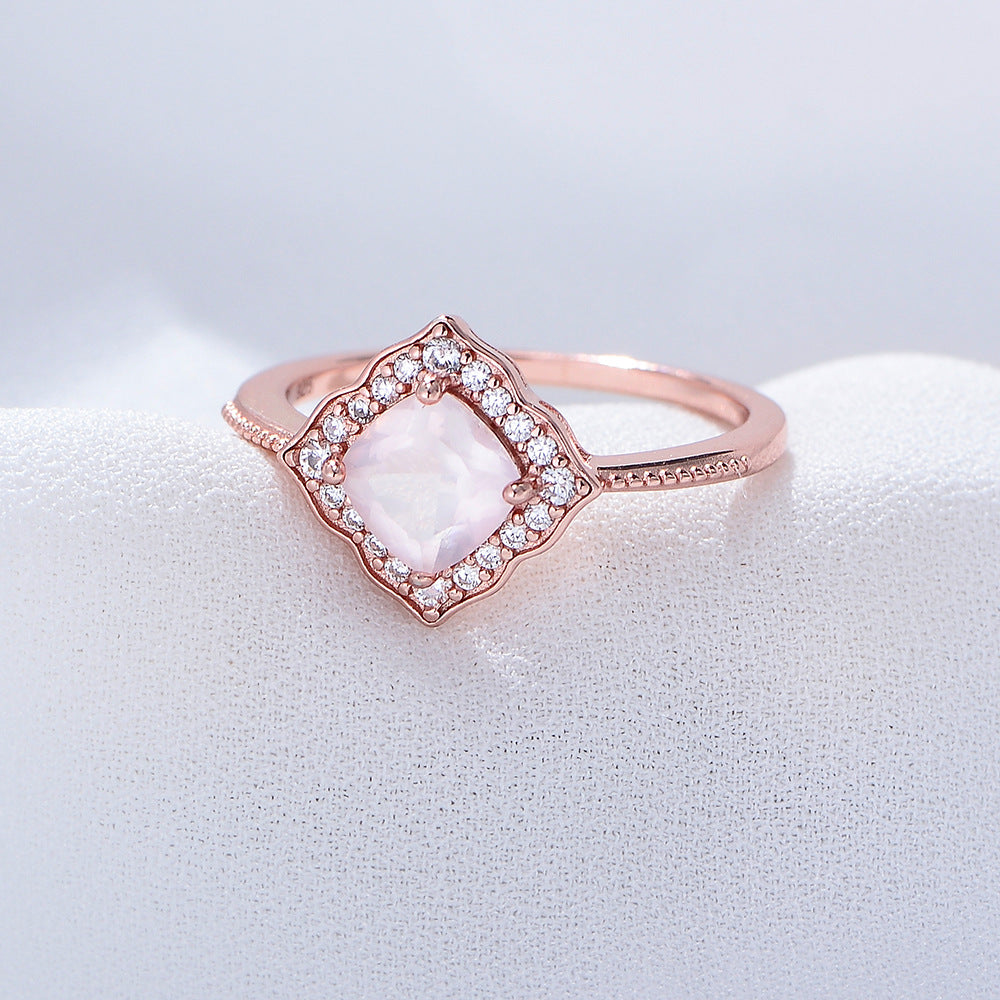 Pink Crystal Square Fashion Soleste Halo Sterling Silver Ring for Women