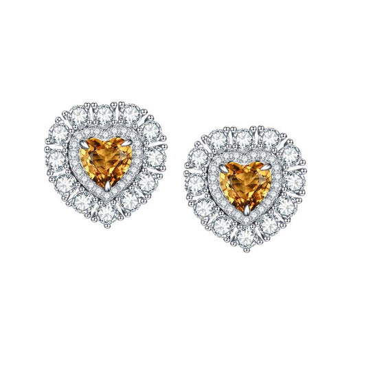 Natural Yellow Crystal 6*6mm Heart Shape Soleste Halo Silver Studs Earrings for Women