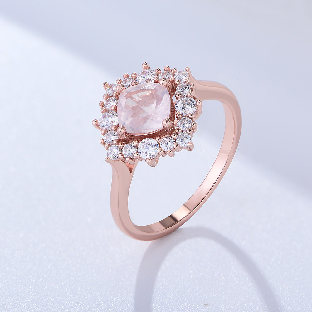 Natural Pink Crystal Pillow Soleste Halo Sterling Silver Ring for Women