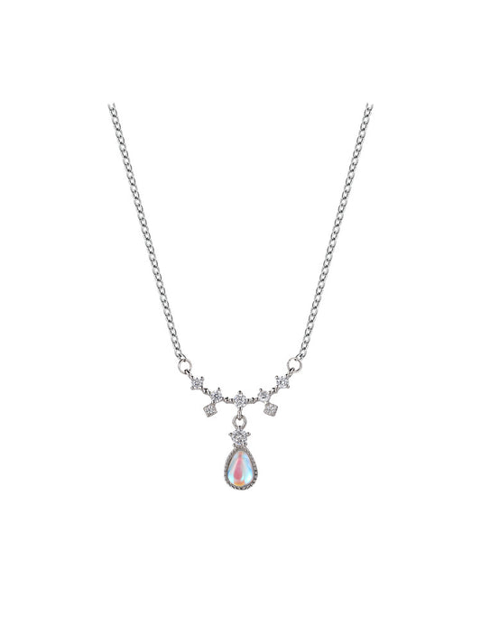 Teardrop Moonstone Pendant with Zircon Silver Necklace Women