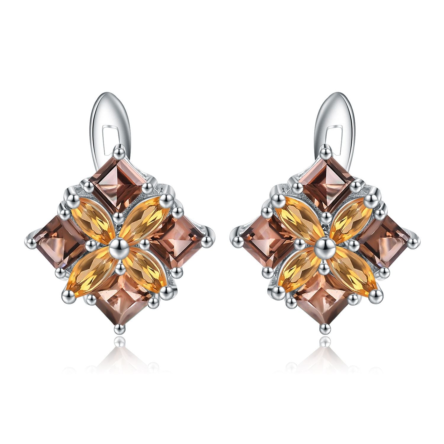 European Inlaid Natural Crystal Square with Clover Silver Studs Earrings for Women