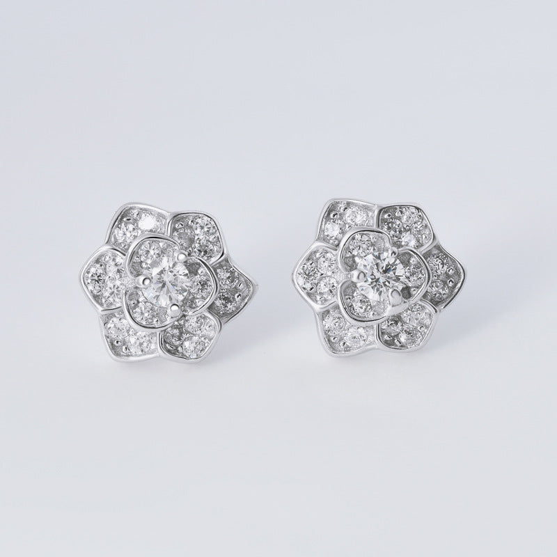 Full Zircon Rose Silver Stud Earrings for Women