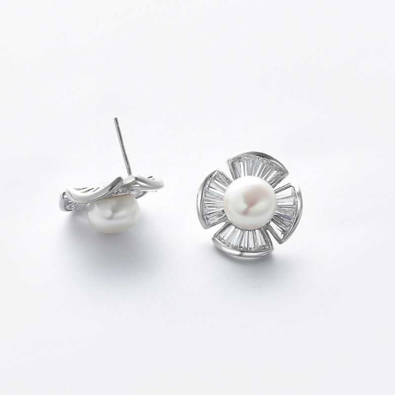 Freshwater Pearl with Zircon Petal Silver Stud Earrings for Women