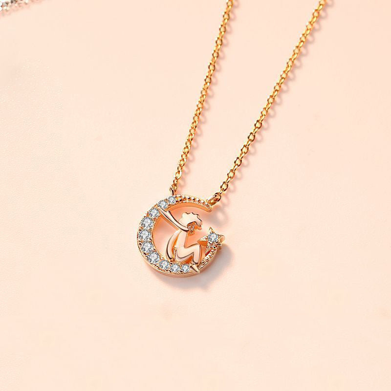 Little Prince with Zircon Moon Pendant Silver Necklace for Women