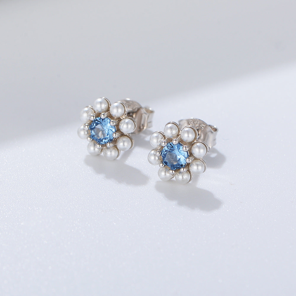 Blue Zircon with Pearl Flower Silver Studs Earrings for Women