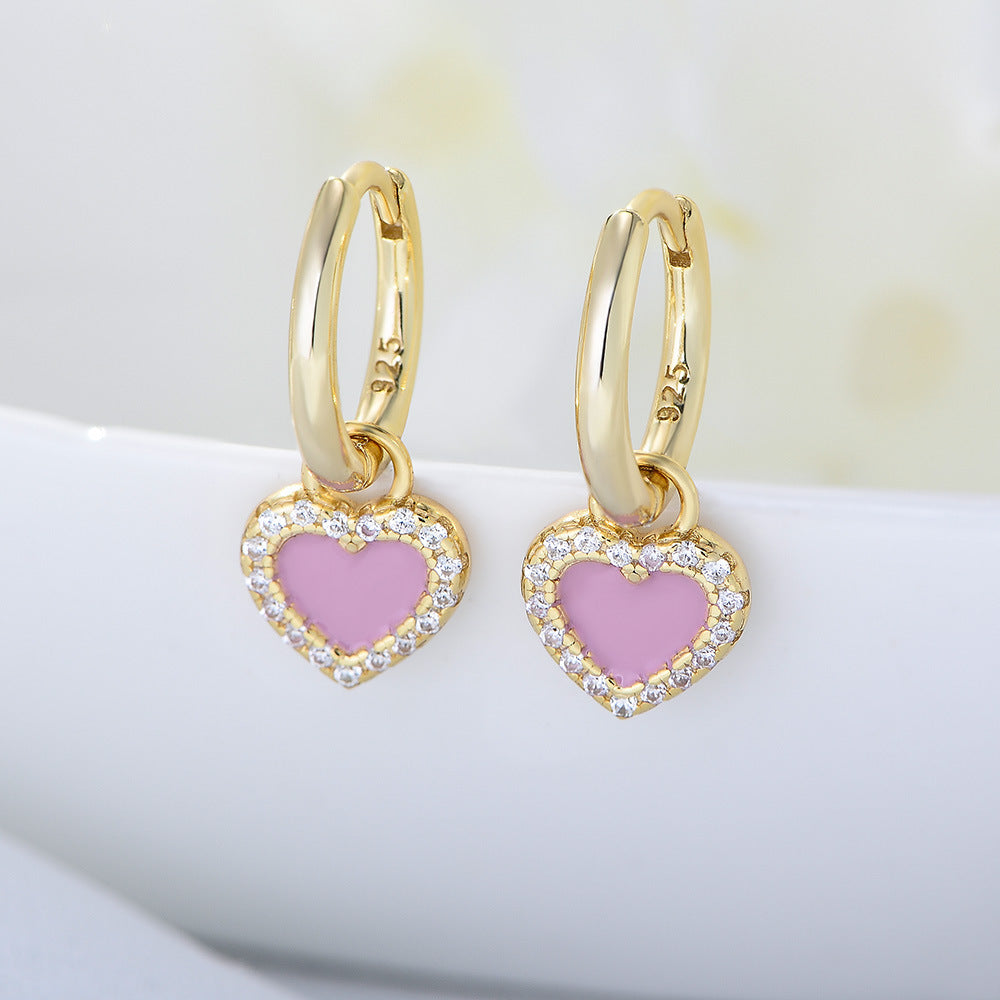 Pink Heart-shaped with Zircon Pendant Silver Drop Earrings for Women