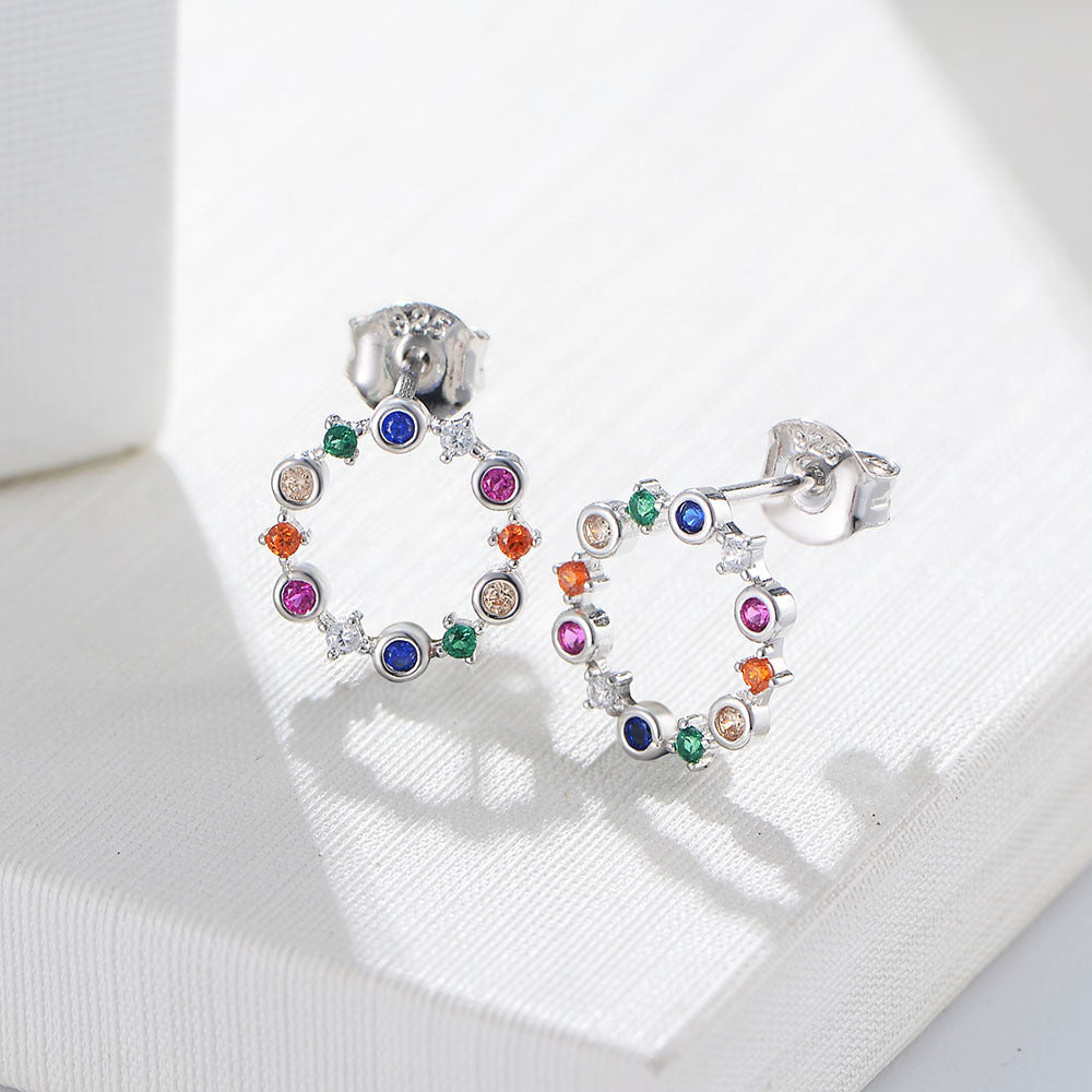 Colourful Mardi Gras Earrings-Zircon Wreath Silver Studs Earrings for Women