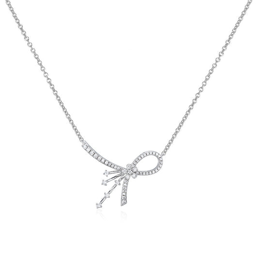 Full Zircon Flower Bow Silver Necklace for Women