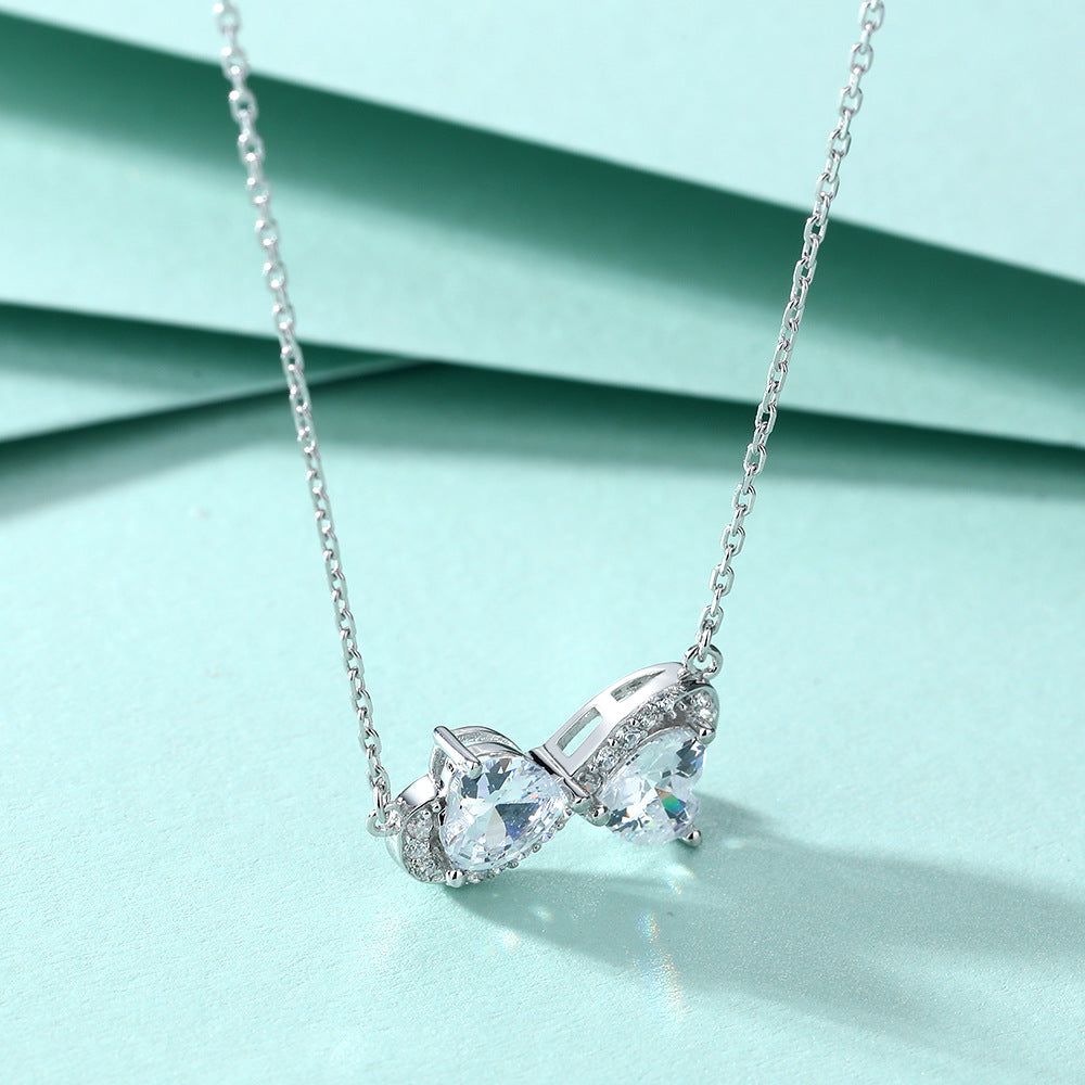 Double Heart Zircon Pendant Silver Necklace for Women