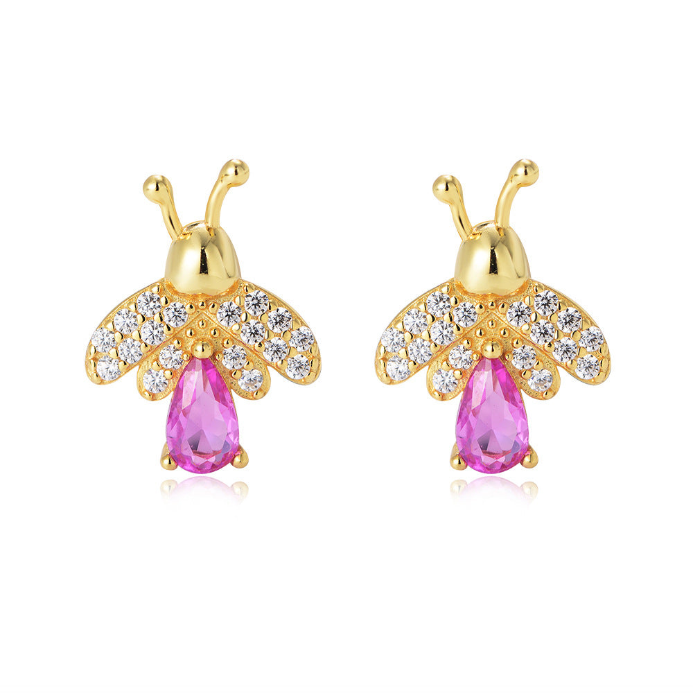 Pink Zircon Bee Silver Studs Earrings for Women