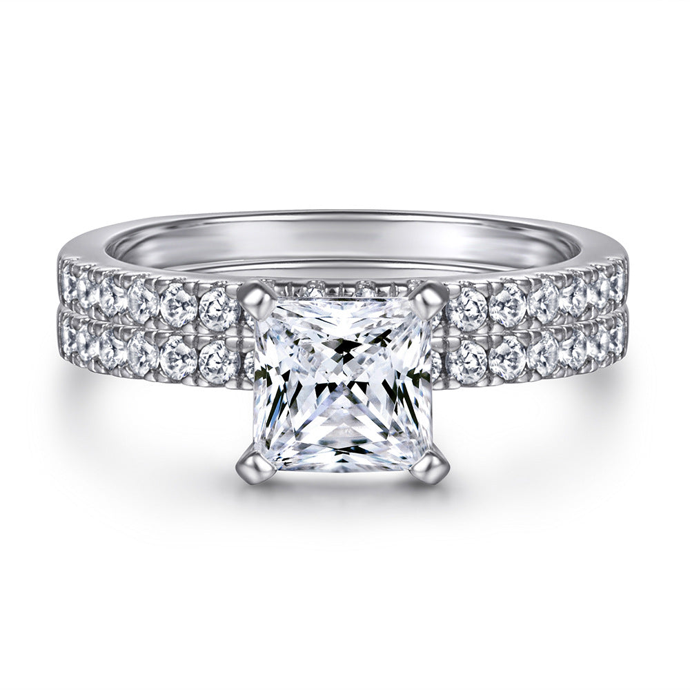 Princess Cut Zircon with Half Eternity Silver Ring Set for Women