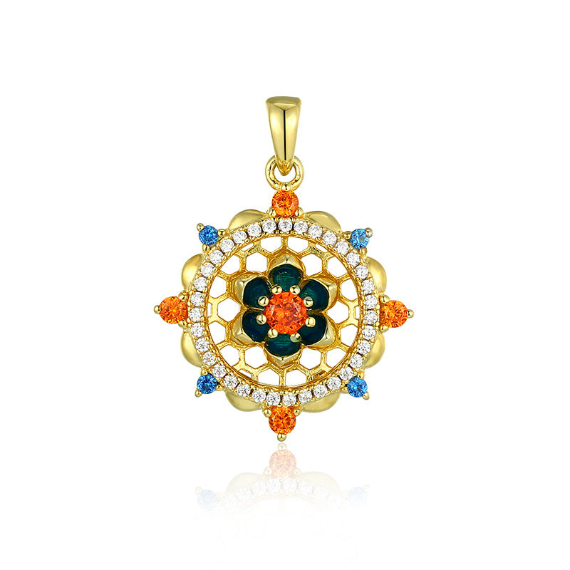 Lotus Pattern Series Colourful Zircon Flower Pendant Silver Necklace for Women