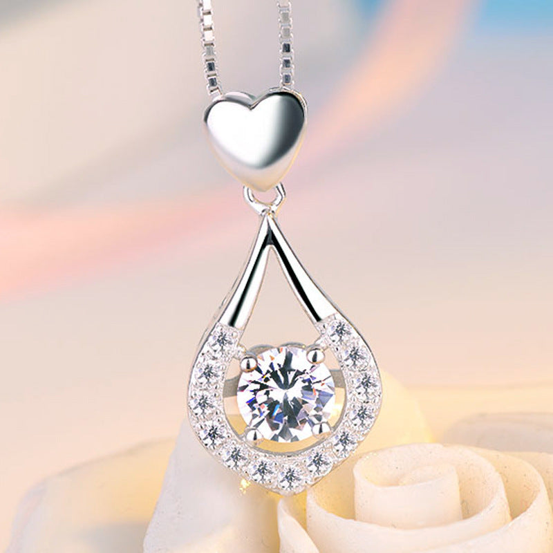 (Pendant Only) Zircon Waterdrop with Love Silver Pendant for Women