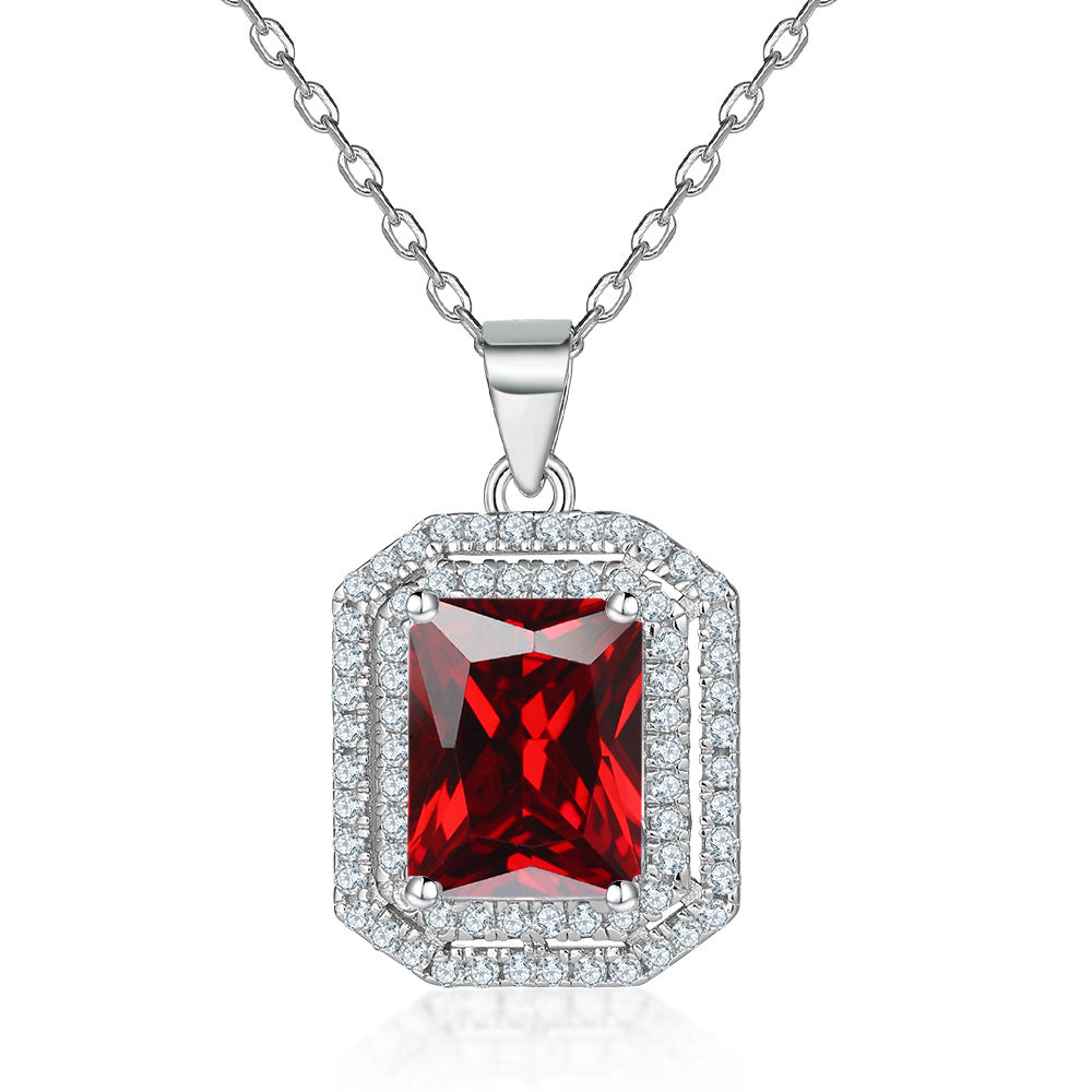 Rectangular Zircon Soleste Halo Pendant Silver Necklace for Women