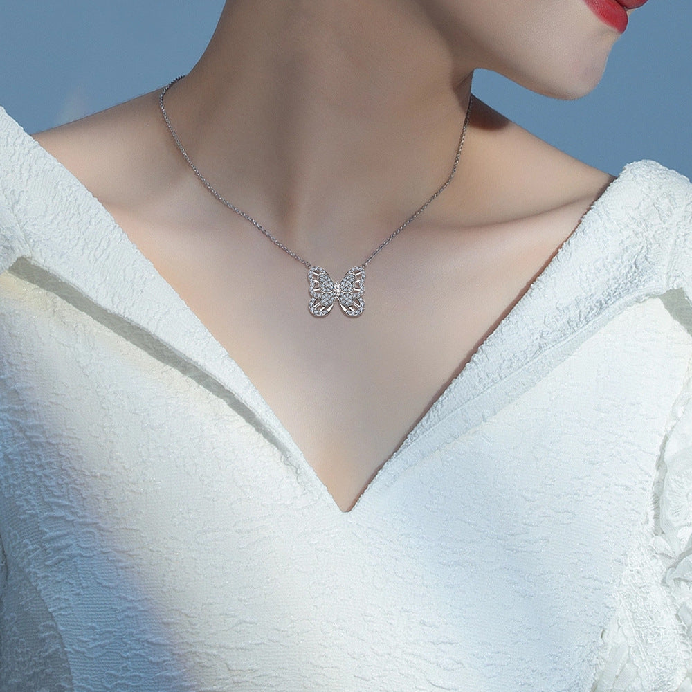 Zircon Hollow Butterfly Pendant Silver Necklace for Women