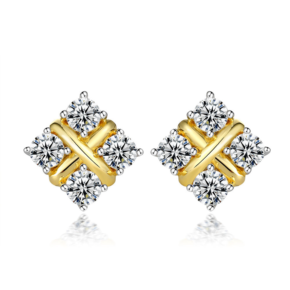 X Type with Round Zircon Square Silver Studs Earrings for Women