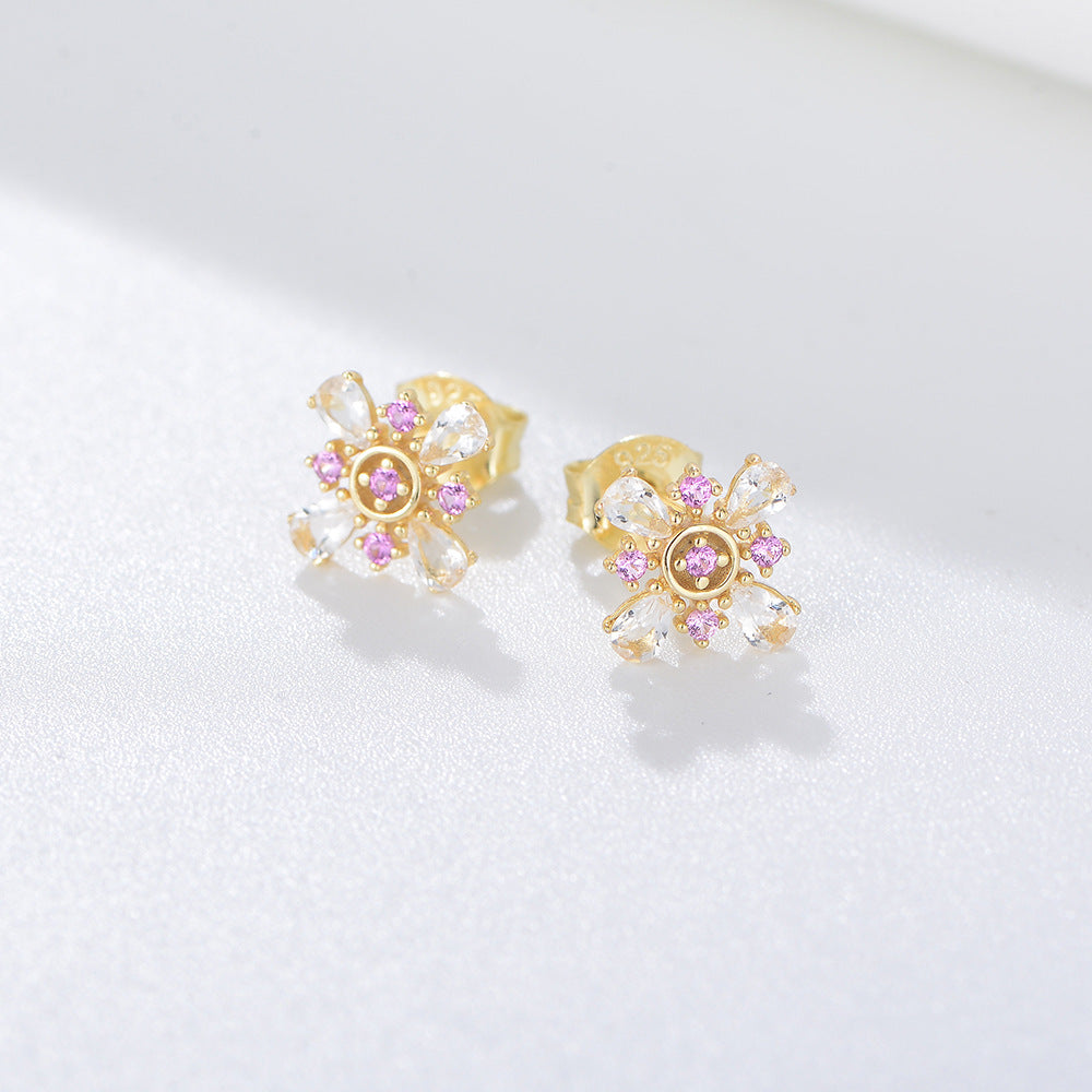 Pink Zircon Petals Silver Studs Earrings for Women