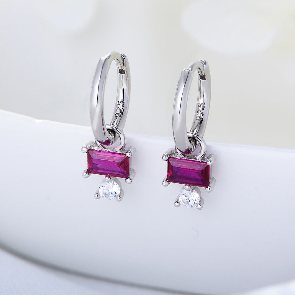 Rectangle Purple Zircon Pendant Silver Drop Earrings for Women