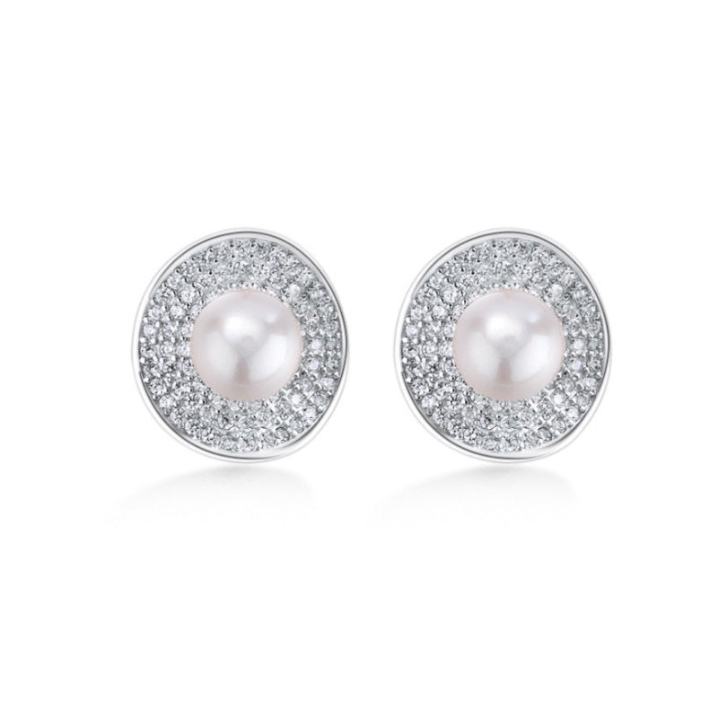 Curved Surface Full Zircon Freshwater Pearl Silver Stud Earrings for Women