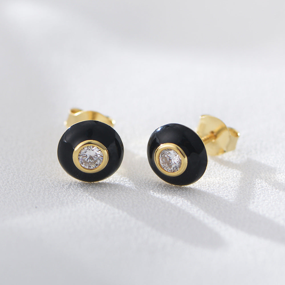 Retro Round Single Zircon Silver Studs Earrings for Women