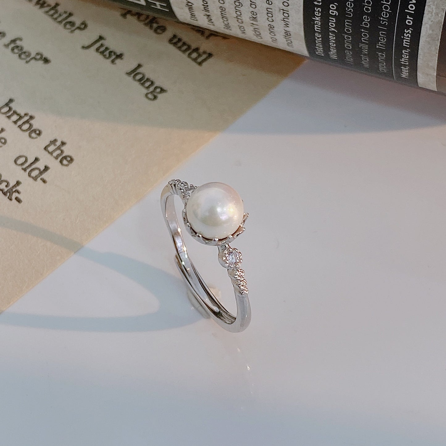 Round Pearl with Zircon Silver Ring