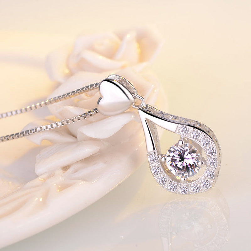 (Pendant Only) Zircon Waterdrop with Love Silver Pendant for Women