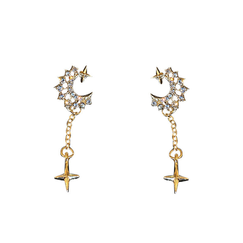 Four-pointed Star with Zircon Moon Tassel Silver Drop Earrings for Women