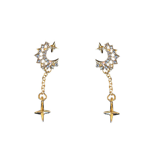 Four-pointed Star with Zircon Moon Tassel Silver Drop Earrings for Women