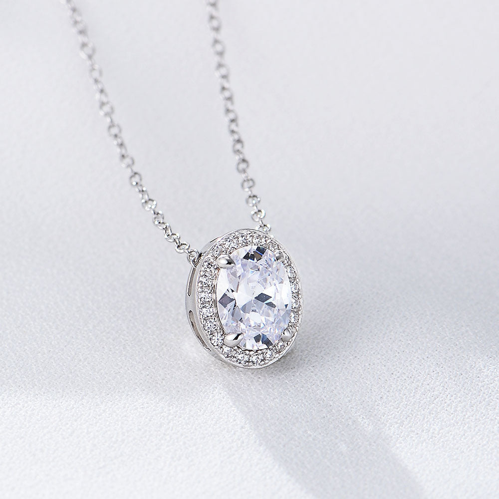 Soleste Halo Oval Shape Zircon Pendant Sterling Silver Clavicle Necklace for Women