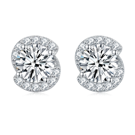 Rotate Shape with Round Zircon Silver Studs Earrings for Women