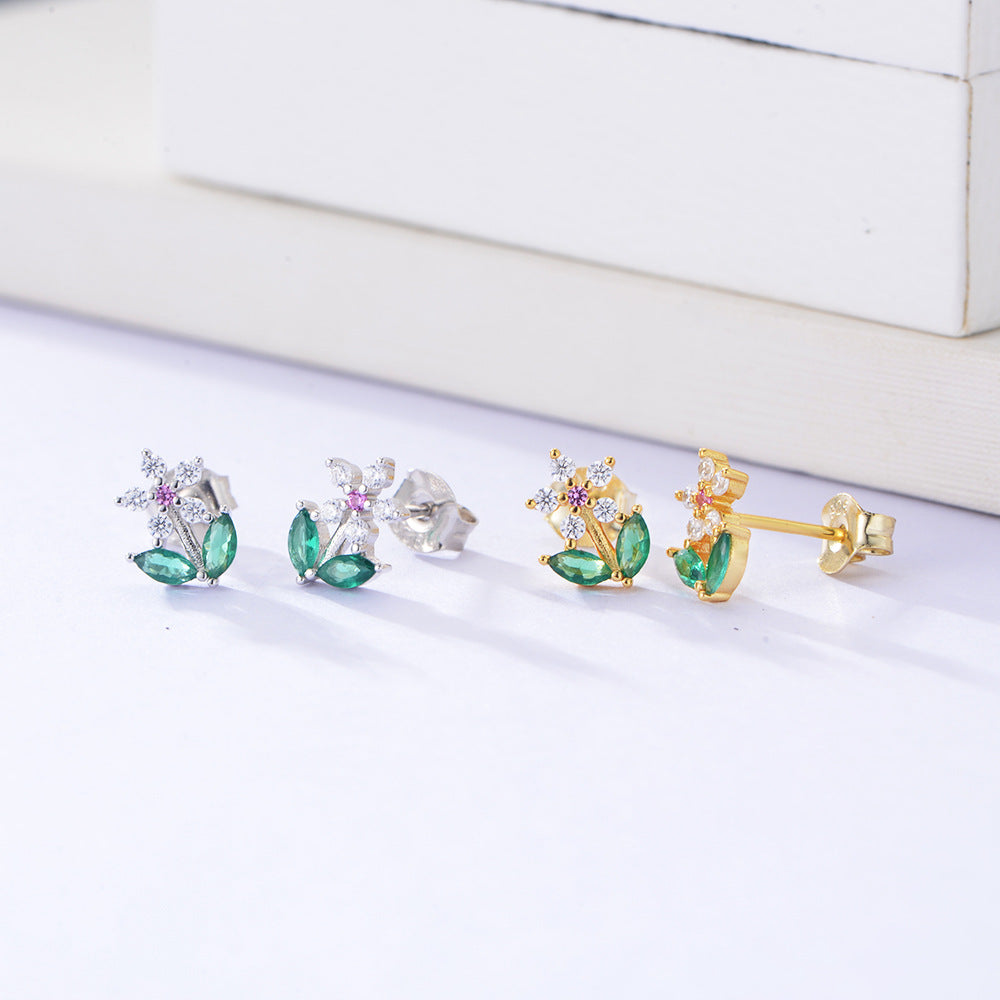 Colourful Zircon Small Flower Silver Studs Earrings for Women