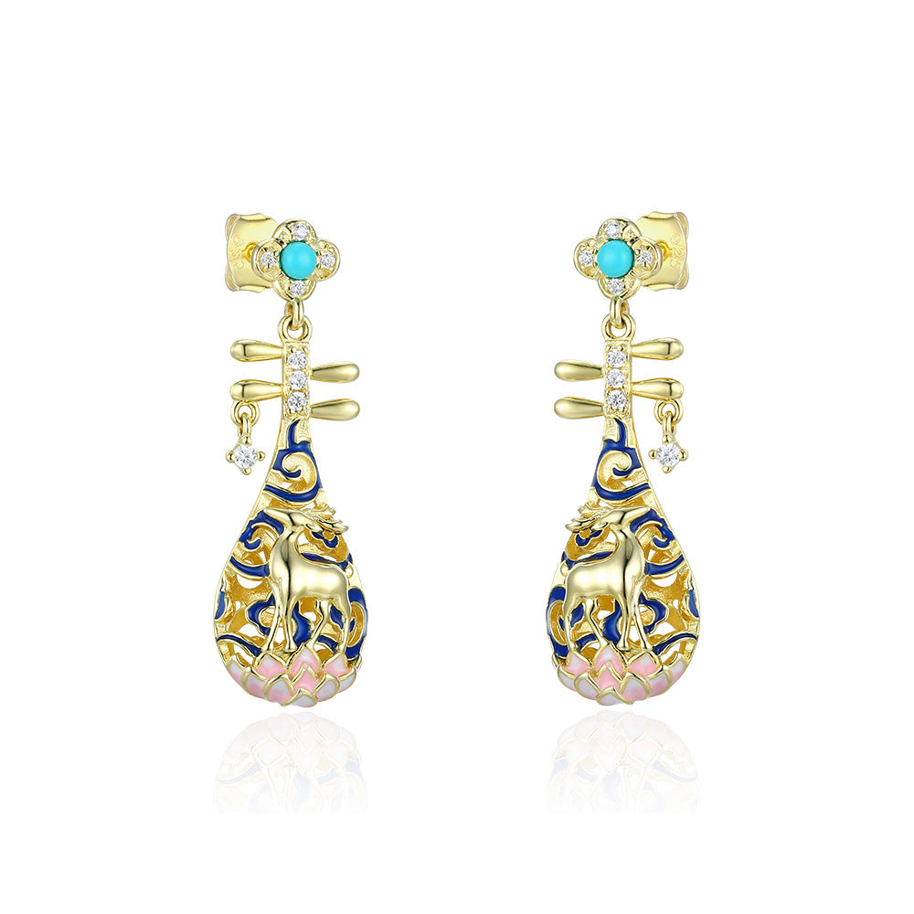 Deer Pipa with Turquoise and Zircon Silver Drop Earrings for Women