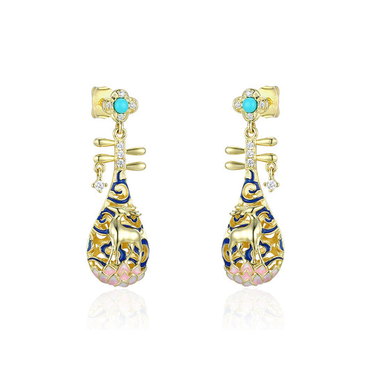 Deer Pipa with Turquoise and Zircon Silver Drop Earrings for Women