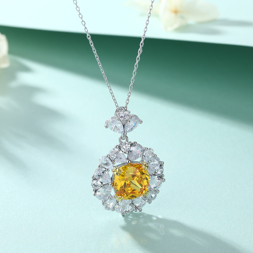 Yellow Crystal with Zircon Pendant Silver Necklace for Women