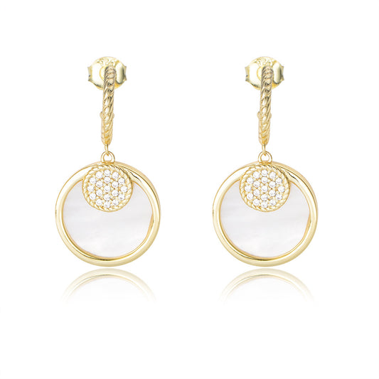 Mother of Pearl Geometric Circle with Zircon Silver Drop Earrings for Women