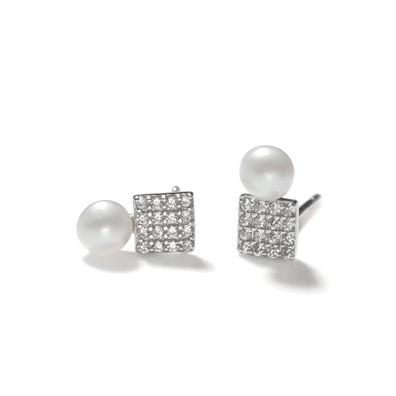 Full Zircon Square with Freshwater Pearl Silver Stud Earrings for Women