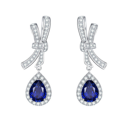 Lab Created Royal Sapphire 6*8mm - Platinum Plated - Drop Silver Earring for Women