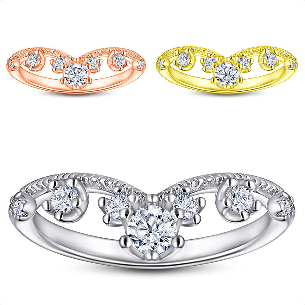 V-shaped Crown with Round Zircon Silver Ring