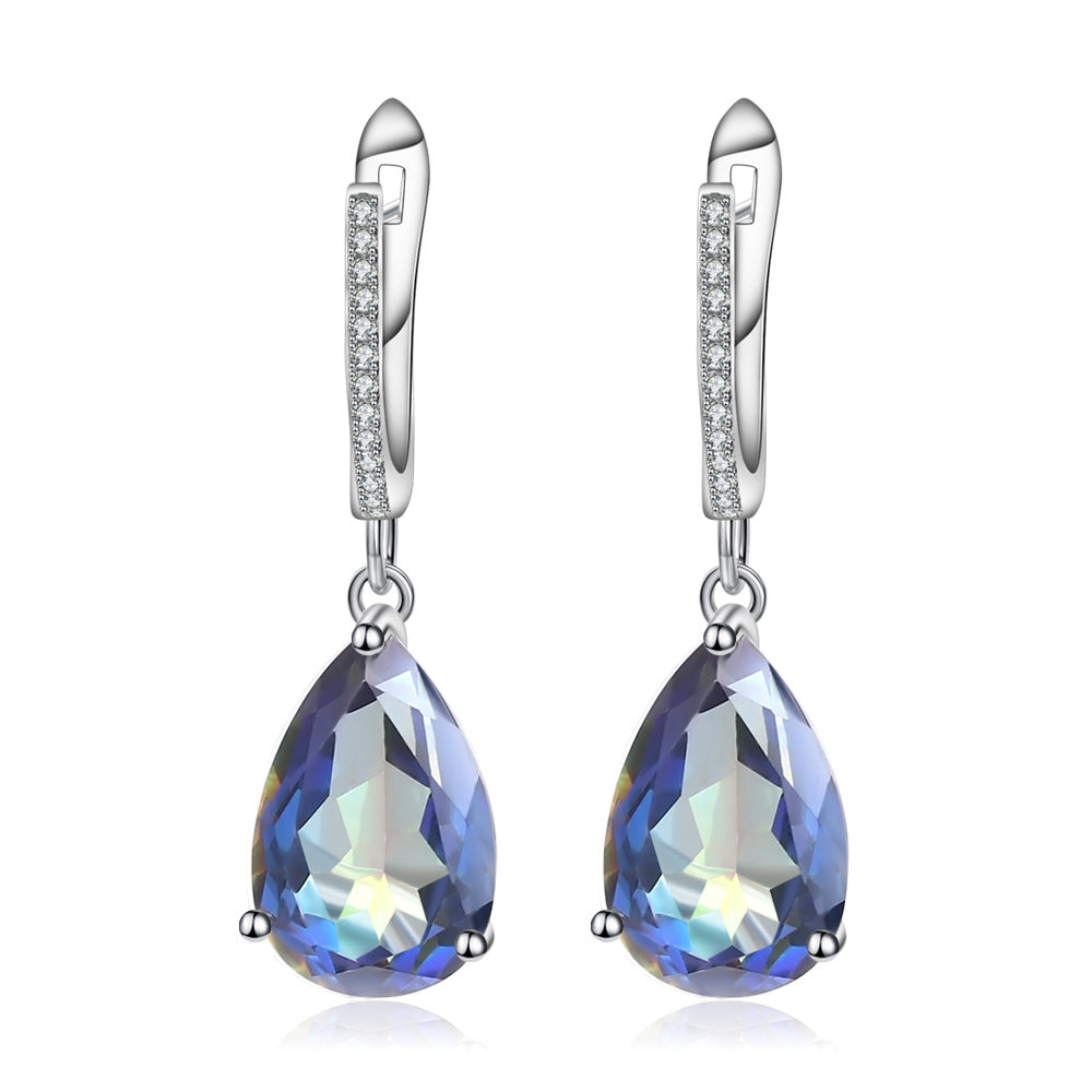 European Crystal Water Droplet Silver Drop Earrings for Women