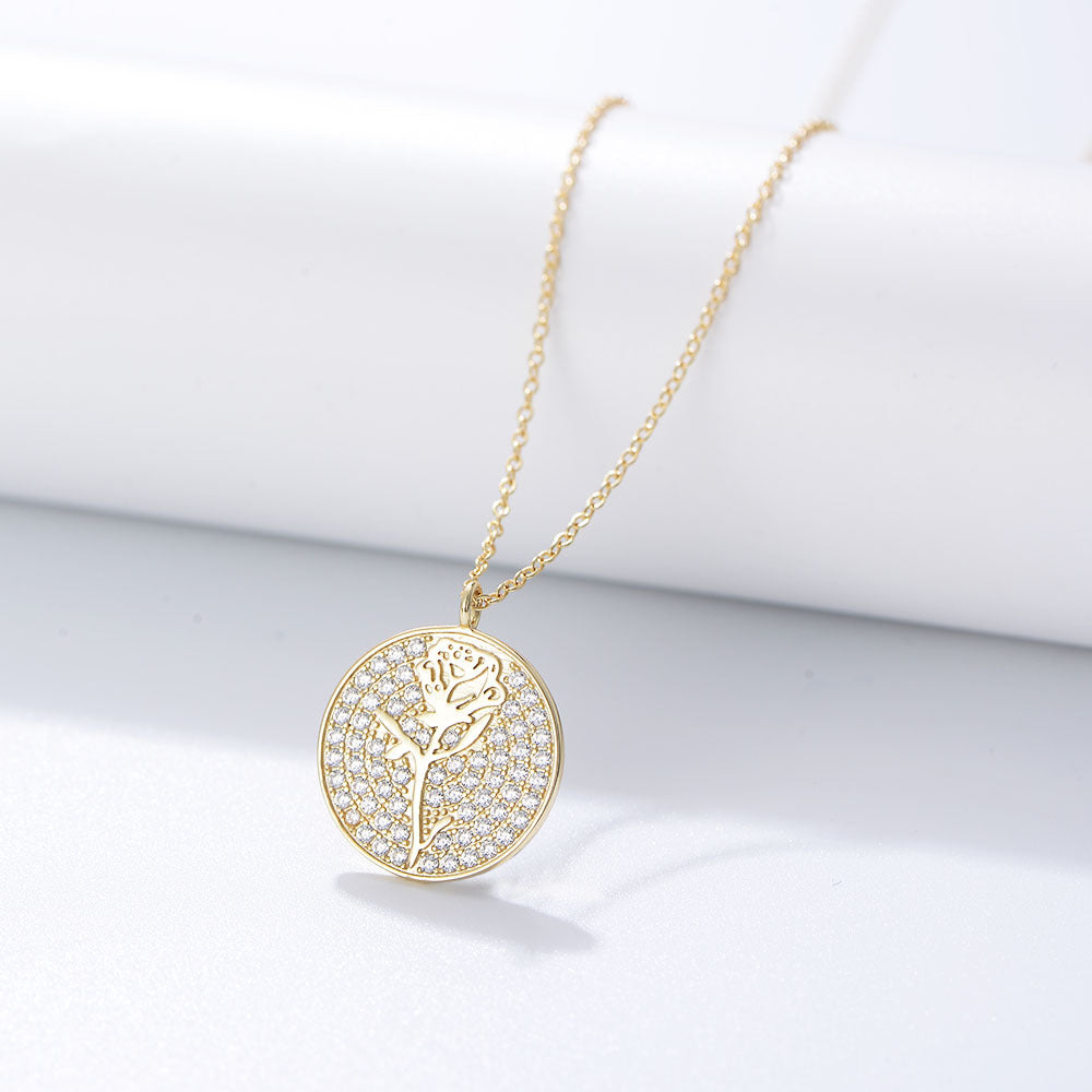 Circular Micro-set Zircon Rose Pendant Silver Collarbone Necklace for Women
