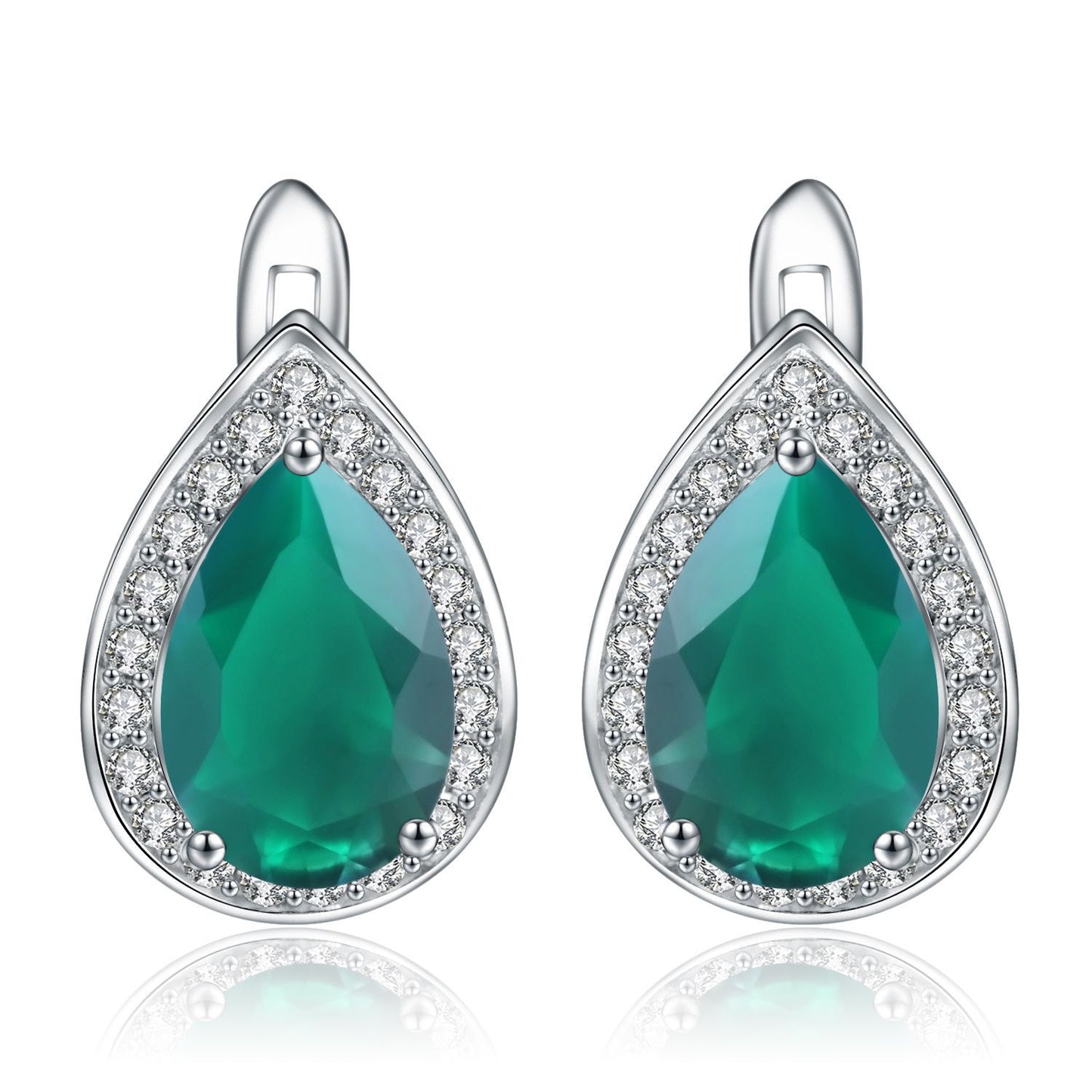 Natural Green Agate Soleste Halo Pear Drop Silver Studs Earrings for Women