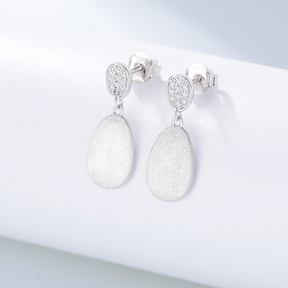 Matte Geometric Oval with Zircon Silver Drop Earrings for Women