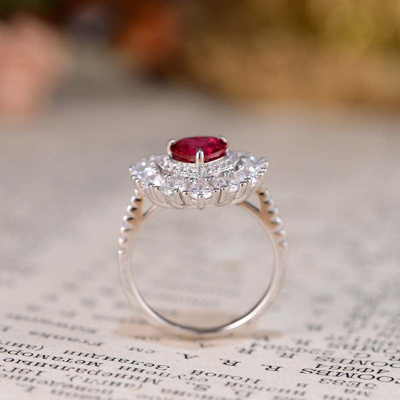 Lab-Created Ruby 7*7mm Heart Shape Soleste Halo Silver Ring for Women