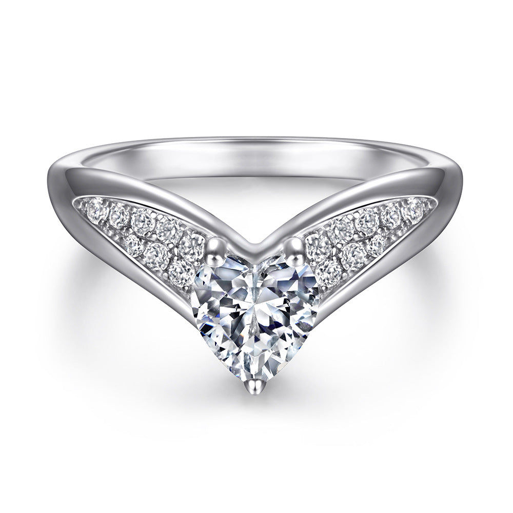 Heart-shaped Zircon V-shape Silver Ring Set for Women