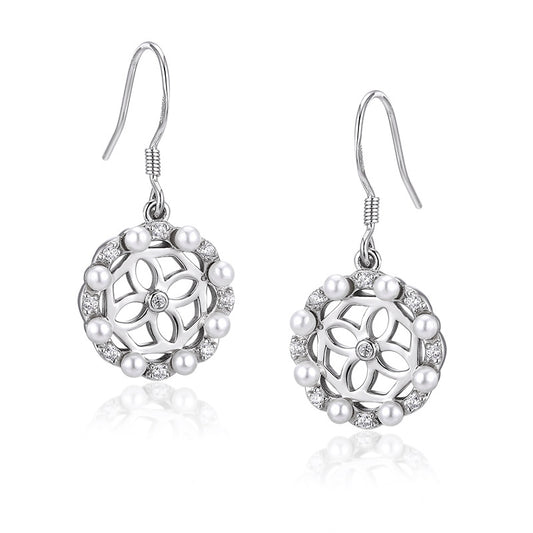 Hollow Four-leaf Clover with Zircon and Pearl Circle Silver Drop Earrings for Women