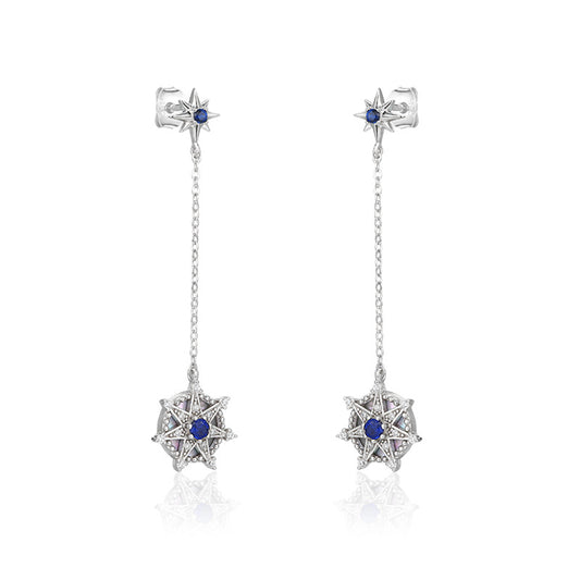 Blue Zircon Seven-pointed Star Tassel Silver Drop Earrings for Women