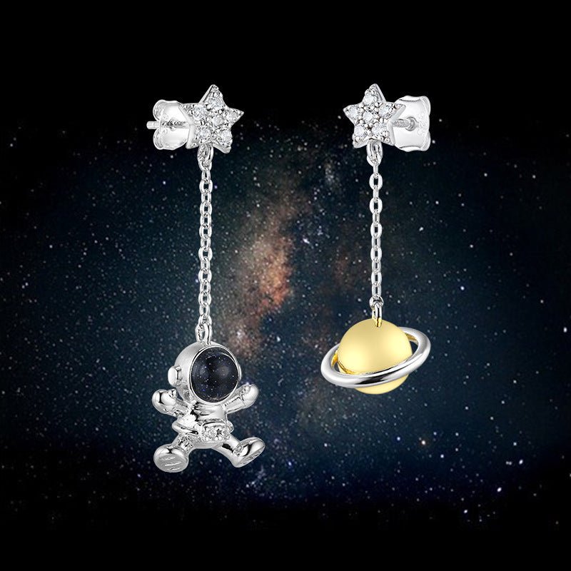 Astronaut and planet with zircon Stars asymmetric silver drop earrings for women