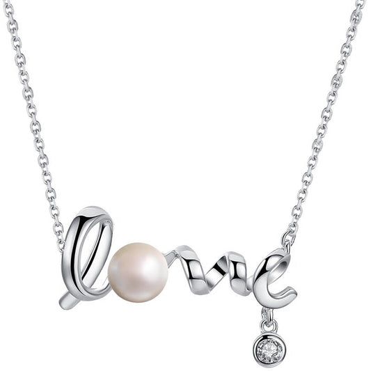 Valentine's Day Gift LOVE Letter with Pearl Silver Necklace for Women