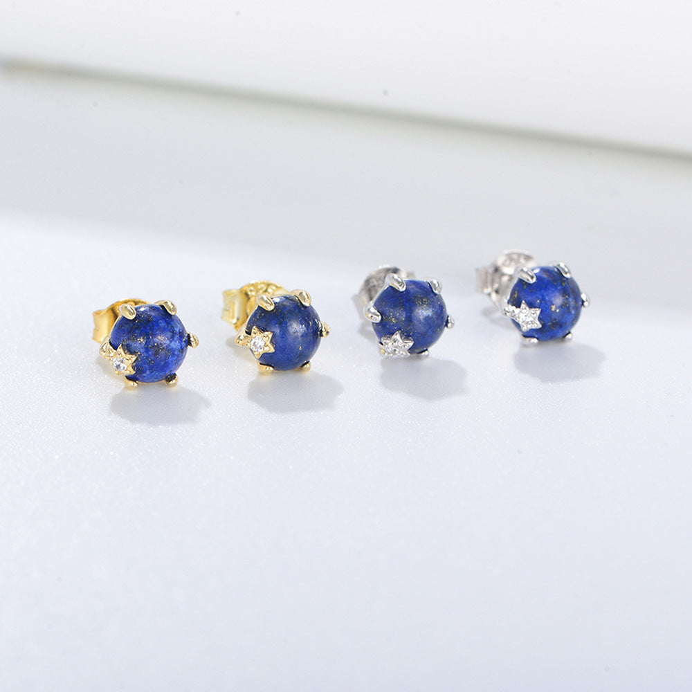 Six Prongs Natural Lapis Lazuli Beads Silver Studs Earrings for Women