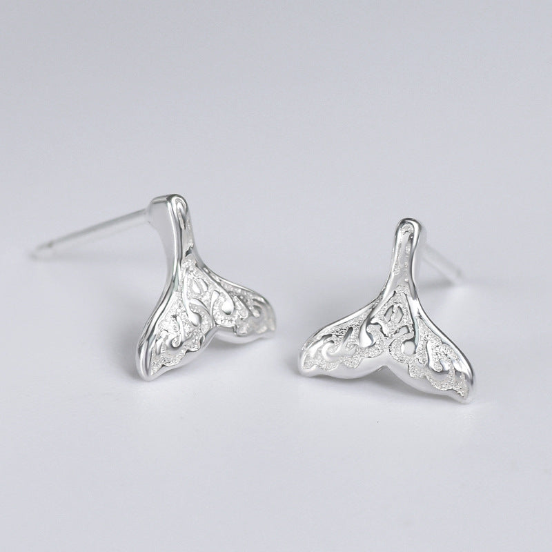 Fishtail with Pattern Silver Stud Earrings for Women